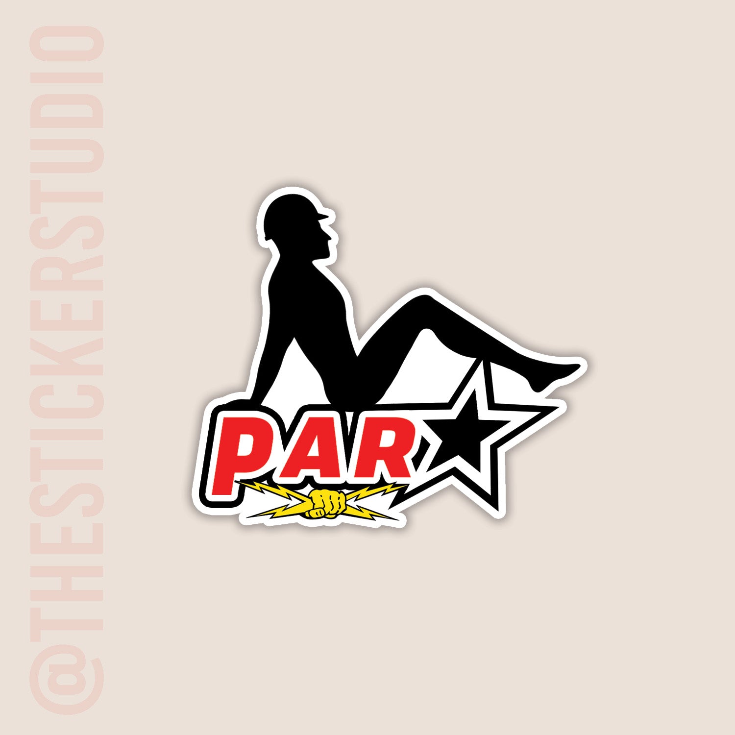 Sticker with a silhouette of a fit lean man sitting on a star and 'PAR' text on a beige background.