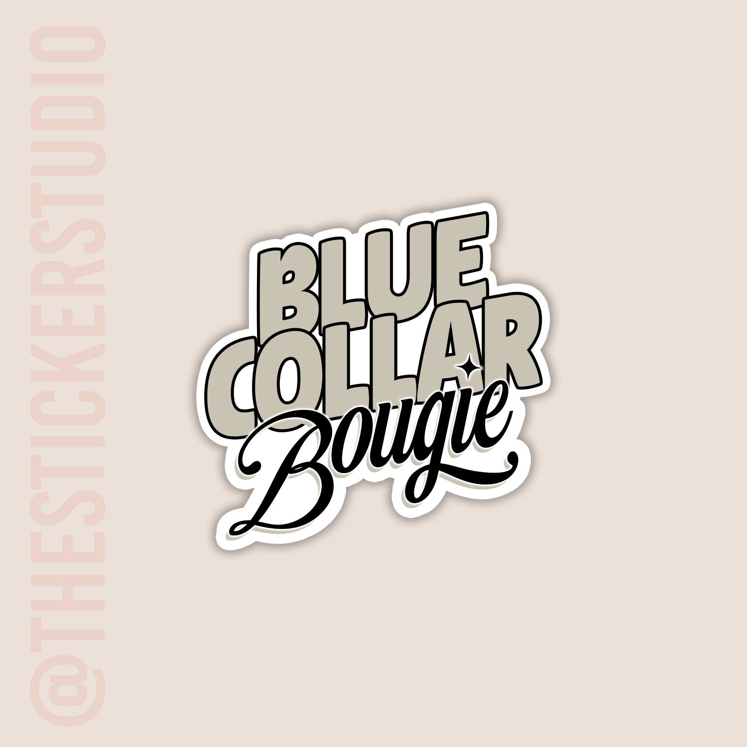 Sticker with 'Blue Collar Bougie' text on a beige background