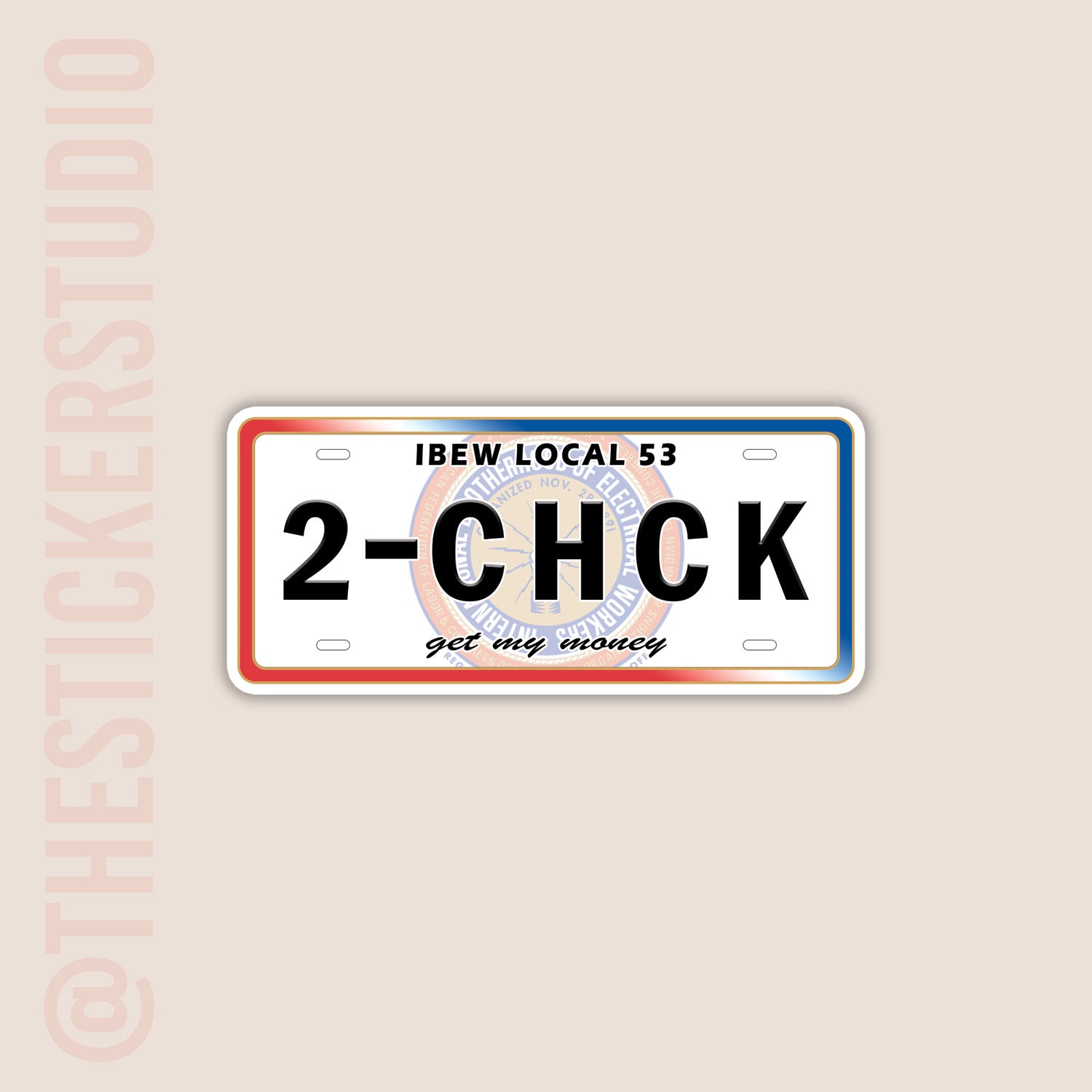 License plate with text '2-CHCK' and 'IBEW LOCAL 53' on a beige background