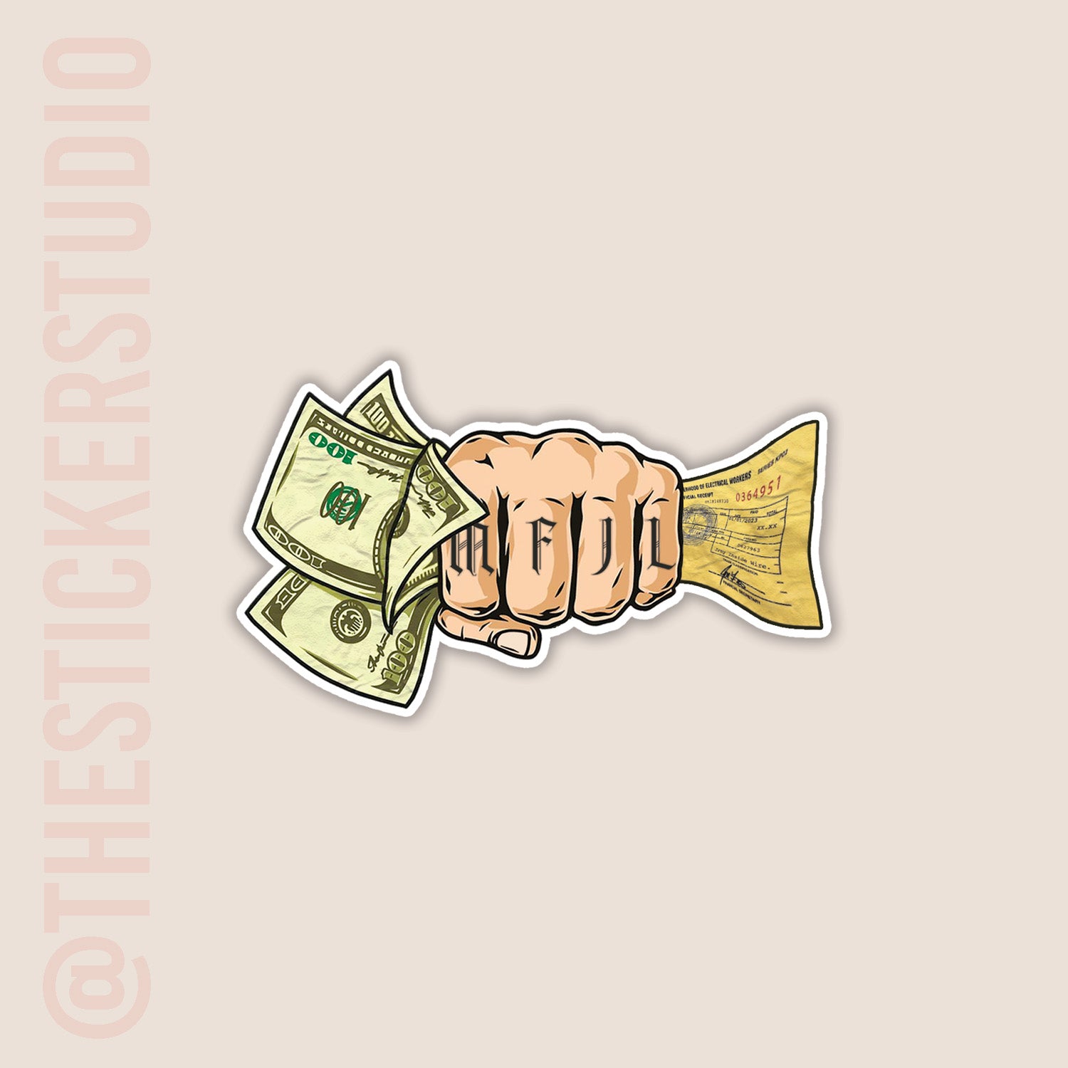 Sticker of a fist holding 100 dollar bill and lineman ticket on a beige background 